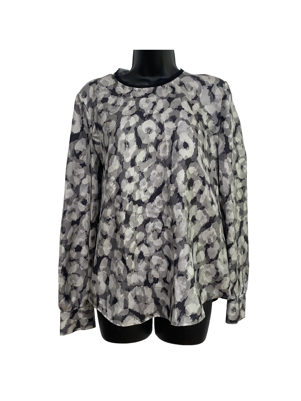 Theory Watercolor Gray Silk Blouse Size M 100% Silk Distressed Neck Career Work